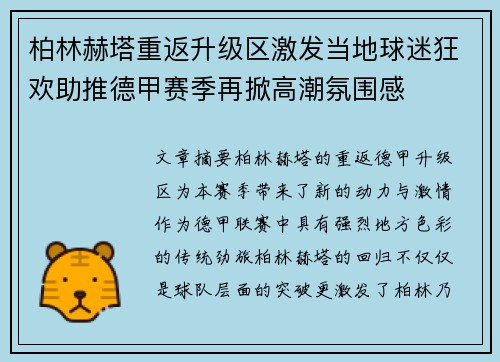柏林赫塔重返升级区激发当地球迷狂欢助推德甲赛季再掀高潮氛围感